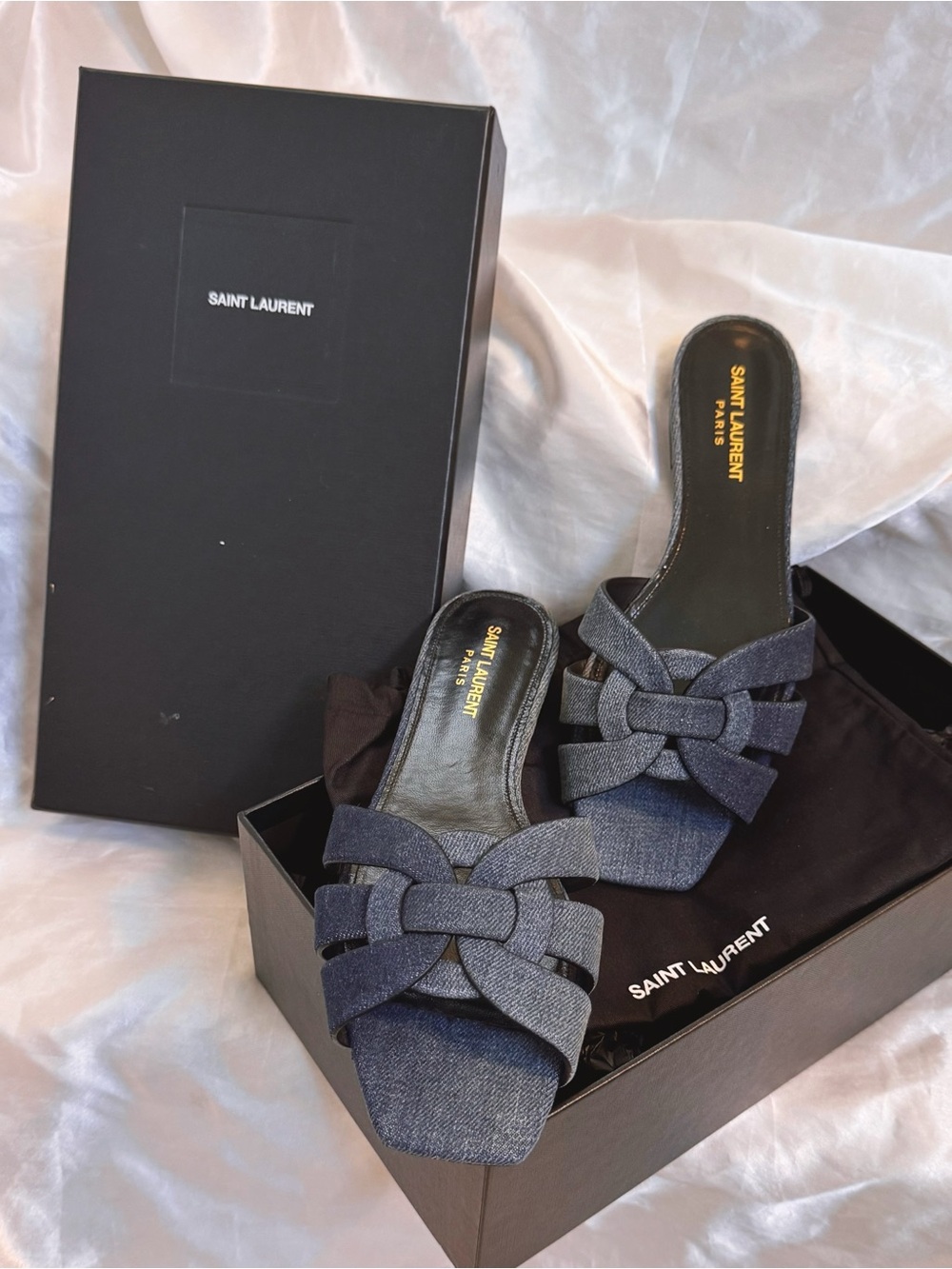 Saint Laurent Tribute denim slide sandals